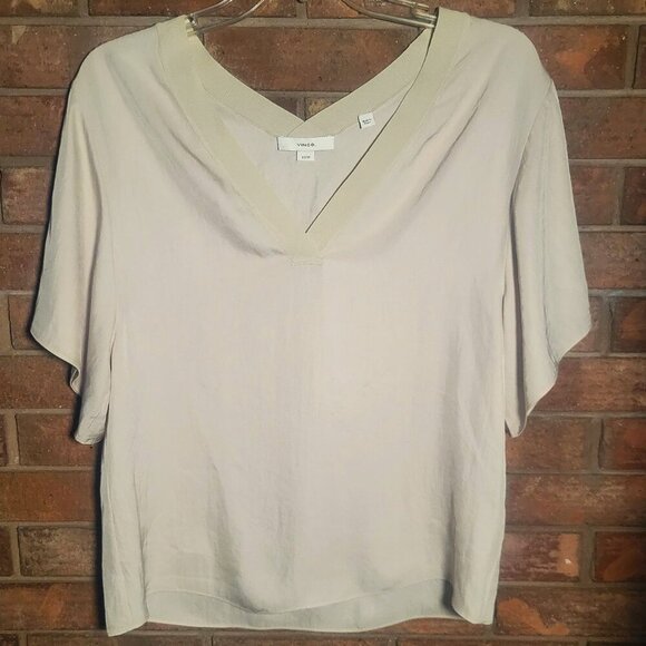 Vince Women Cream Rib-Trim Double-V Neck Short Solman Sleeve Blouse - Size XS - Picture 6 of 10